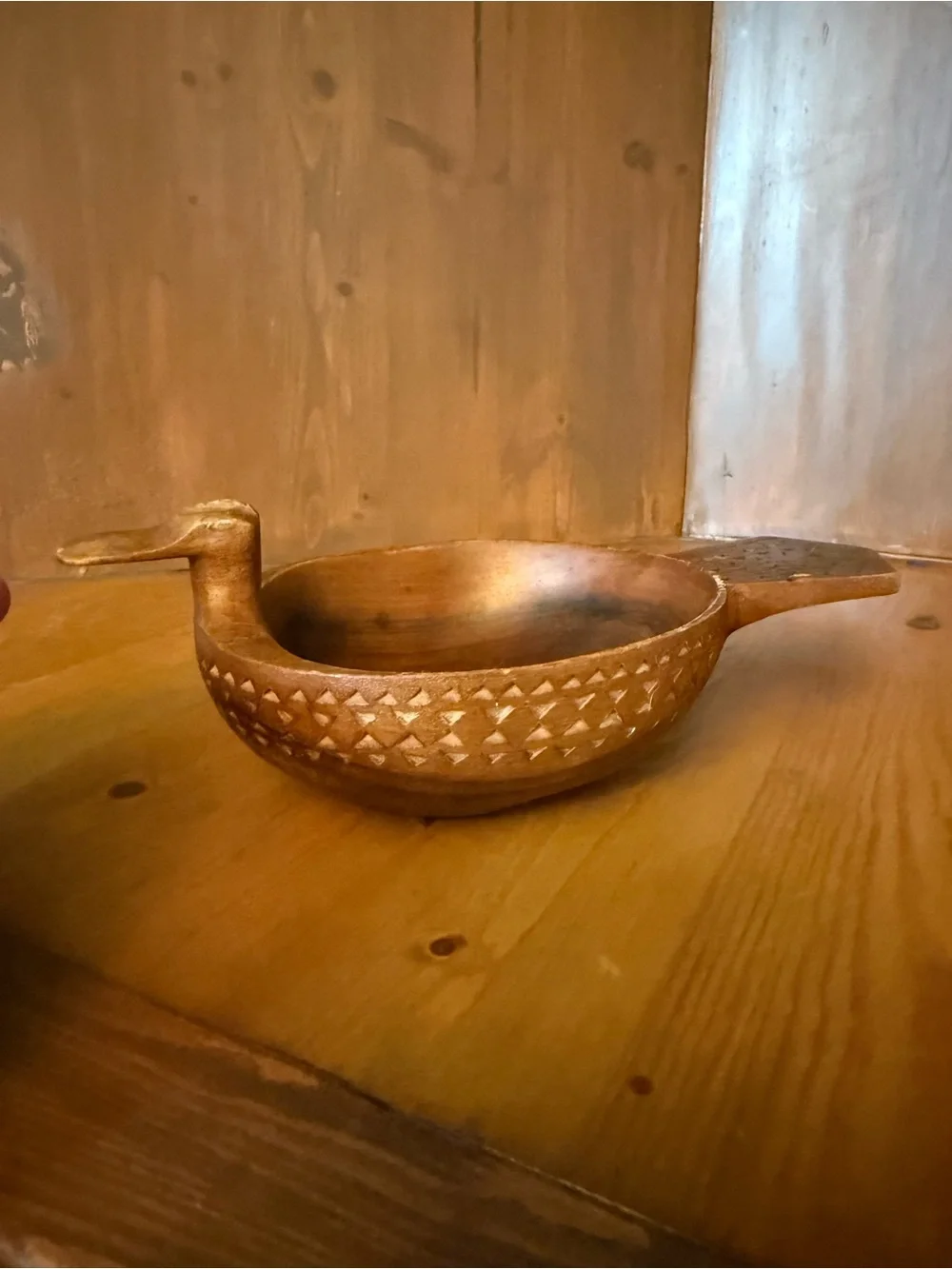Vintage Hand Carved Wooden Duck Bowl Scandinavian Folk Art Kåsa Mid Century